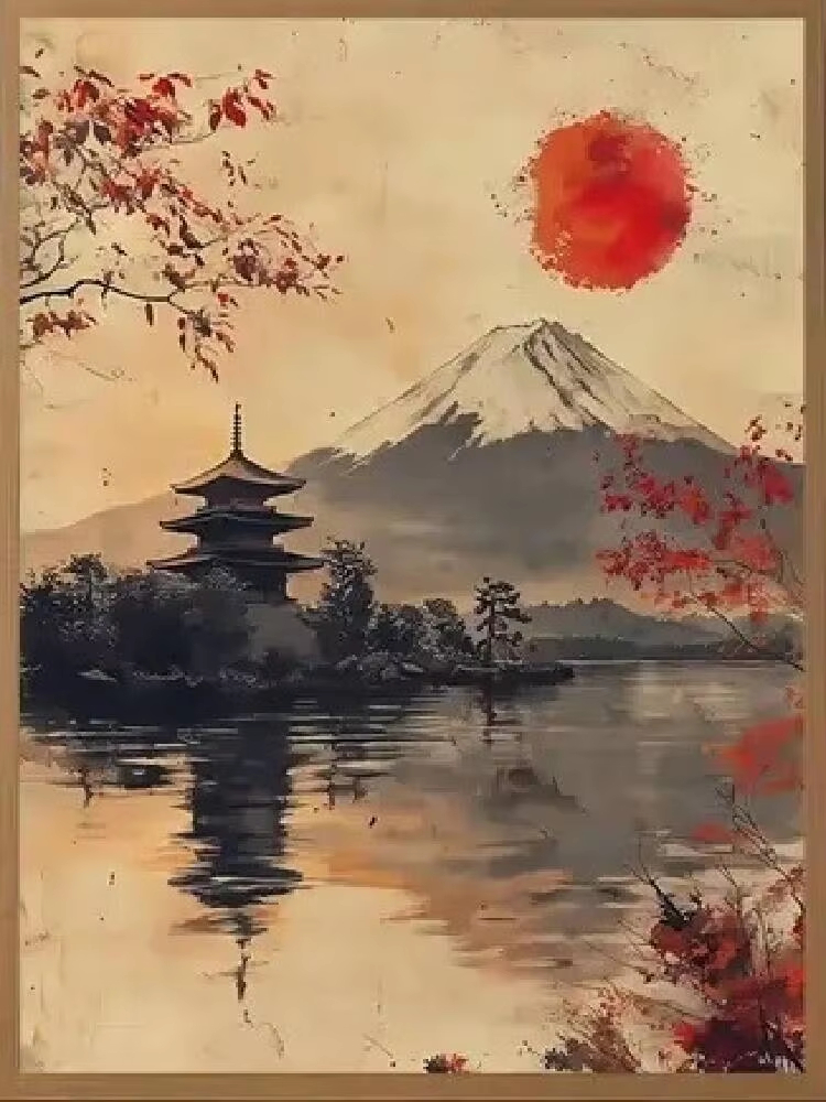 Japanese Lifestyle Movie - 数字で描く油絵 日本風 赤い太陽の風景 キャンバスアート 壁飾り 部屋やリビングルーム用